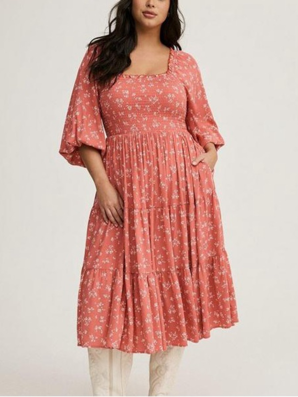 torrid Dusty Rose Floral Smocked Midi Dress 5X Feminine Cottagecore Milkmaid